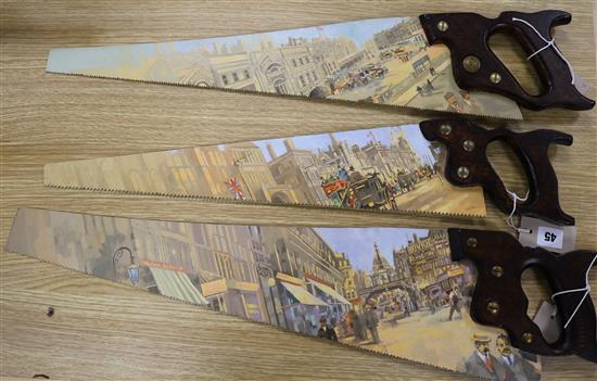 Peter Miller (1939-2014), three handsaws painted in acrylic with old London scenes